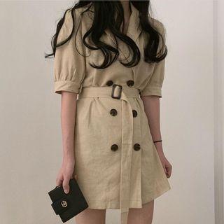 Elbow-sleeve Double Breasted A-line Dress
