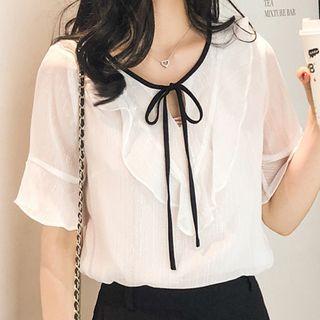 Ruffle Trim Short-sleeve Tie-neck Blouse