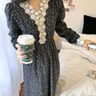 Long-sleeve Lace Trim Floral Dress As Shown In Figure - One Size