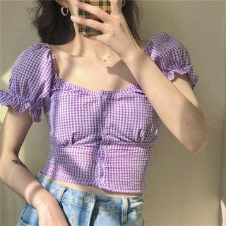 Square Collar Puff-sleeved Plaid Top