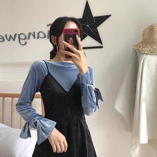 Set: Plain Pleated Velvet Long-sleeve Top + Plain Slipdress