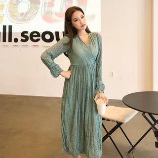 High-waist Crinkled Long Dress Blue Green - One Size