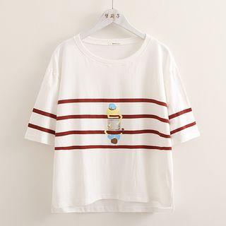 Striped Trim Elbow-sleeve T-shirt