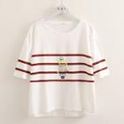 Striped Trim Elbow-sleeve T-shirt