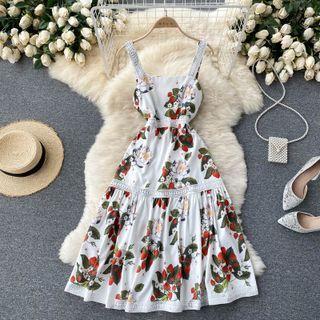 Square-neck Lace Trim Print Spaghetti-strap Dress