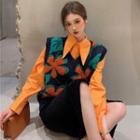 Pointy-collar Loose Plain Shirt / Flower-accent Knit Vest / Slited Midi Skirt