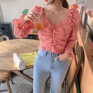Drawstring-front Check Cropped Blouse