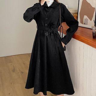 Plain Long-sleeve T-shirt / Tie-waist Long-sleeve Midi Collared Dress / Set