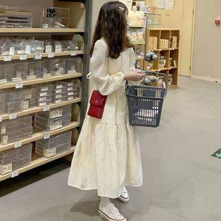 Puff Sleeve Check Midi A-line Dress