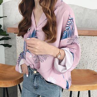 Leaf Print Notch-lapel Chiffon Shirt