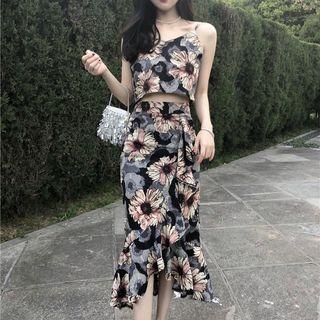 Set: Flower Print Cropped Camisole Top + Ruffle Hem Midi Pencil Skirt