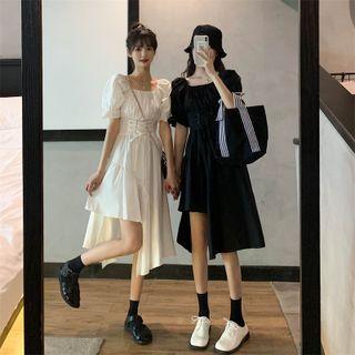 Plain Ruffle Lace-up Asymmetrical  Shirtdress