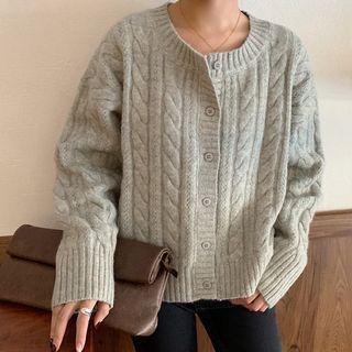Round-neck Long-sleeve Cardigan Gray - One Size