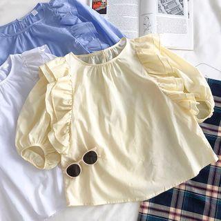 Plain Crewneck Ruffled-trim Elbow-sleeve Top