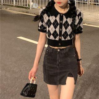Short-sleeve Argyle Button-up Knit Top Black - One Size