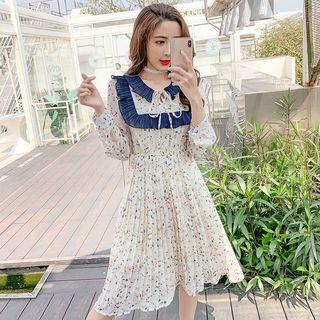 Floral Ruffle Trim Long-sleeve A-line Dress