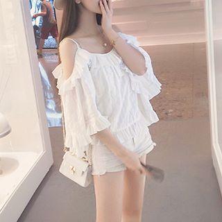 Ruffled Cold Shoulder 3/4-sleeve Blouse