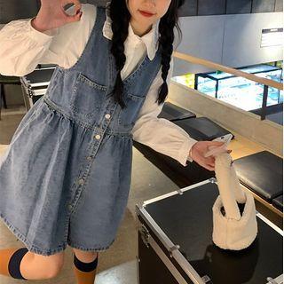 V-neck Button Denim Overall Dress / Long-sleeve Plain Shirt