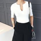 Open-placket Elbow-sleeve Slim-fit T-shirt