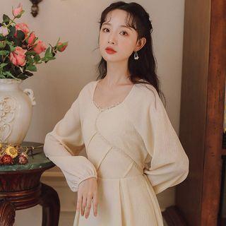 Lace Trim Puff-sleeve Dress