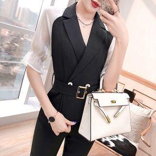 Set: Two-tone Bell-sleeve Top + Cropped Dress Pants