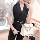 Set: Two-tone Bell-sleeve Top + Cropped Dress Pants