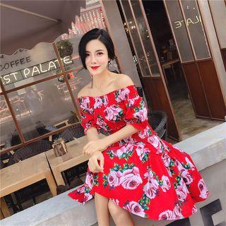 Floral Elbow-sleeve Off Shoulder A-line Dress