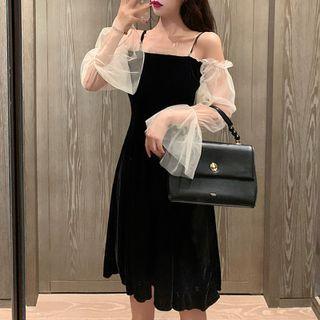 Mesh-sleeve Cold-shoulder A-line Velvet Dress