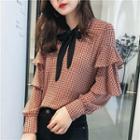 Tie-neck Houndstooth Ruffle Chiffon Blouse