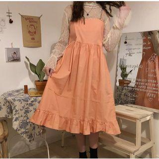 Bell-sleeve Lace Top / Spaghetti-strap Midi Dress