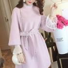 Long-sleeve Lace Panel Frill Collar Dress