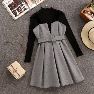 Set: Plain Long-sleeve Knit Top + Houndstooth Mini Pinafore Dress