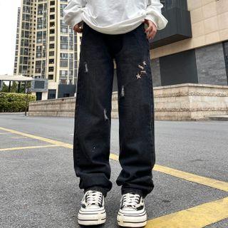 Star Embroidered Distressed Wide Leg Jeans