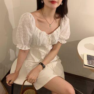 Lace Shirred Plain Mini Dress