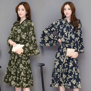 Bell-sleeve Long-sleeved Floral Print Loose-fit Pleated A-line V-neck Sheath Dress