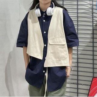 Mock Two Piece Vest Panel Short Sleeve Shirt