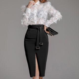 Set: Long-sleeve Fringed Shirt + Sheath Skirt