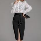 Set: Long-sleeve Fringed Shirt + Sheath Skirt