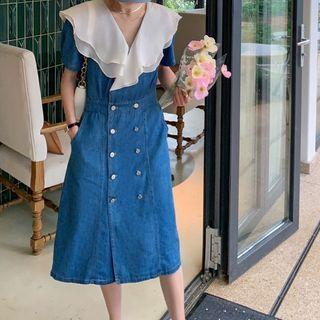 Elbow-sleeve Ruffled Double-breasted Denim Midi Sheath Dress