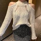 Cold Shoulder Crochet-knit Long-sleeve Top / Sequined Mini Pencil Skirt