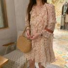 3/4-sleeve Floral-print Ruffled Chiffon Dress