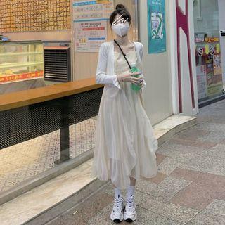 Ribbed Knit Cardigan / Spaghetti Strap Mesh Panel Midi A-line Dress