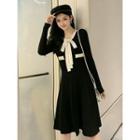 Tie Neck Long-sleeve A-line Knit Dress