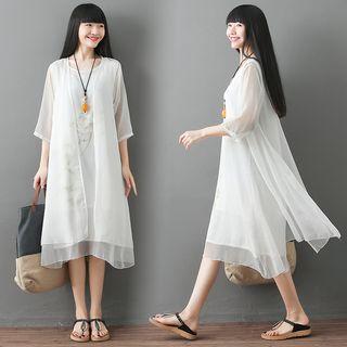 Set: Sleeveless Floral Print Midi Dress + Elbow-sleeve Light Jacket