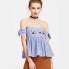 Off-shoulder Embroidery Pinstripe Top