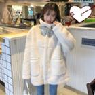 Stand Collar Furry Zip Jacket Off-white - One Size