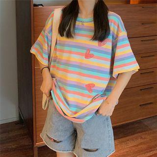 Short-sleeve Striped Heart Print T-shirt