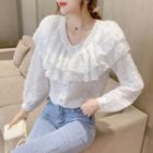 Long-sleeve Ruffled Buttoned Lace Top