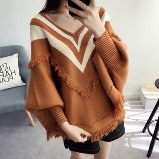 Frayed V-neck Dolman-sleeve Sweater