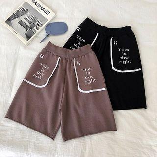 Lettering Print Mock Pocket High-waist Knit Shorts
